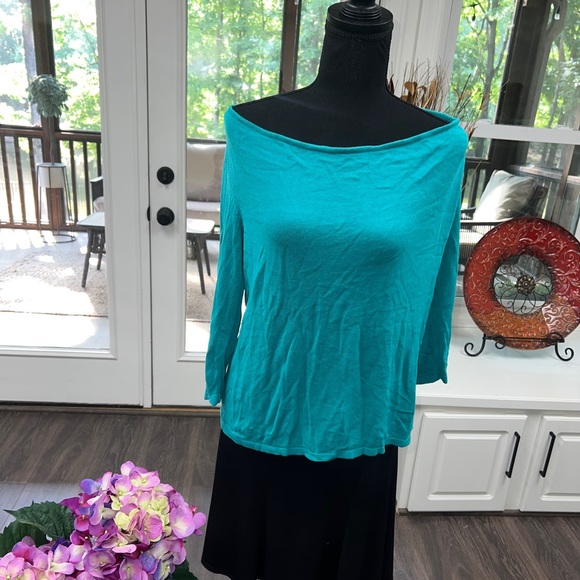 Women’s sweater size L, 3/4 sleeves, turquoise blue green cowl neck spring top - Picture 2 of 5